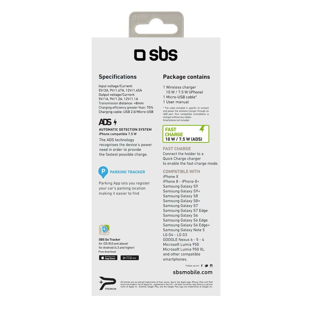 SBS TESUPPWIR10WTAG - Supporto auto wireless con ricarica 10W