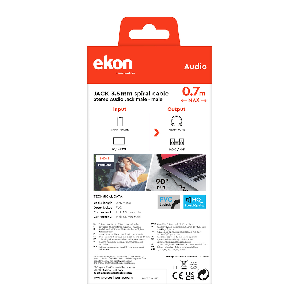 EKON ECAJACK90SPIR075 - Cavo audio jack 3.5 mm spirale