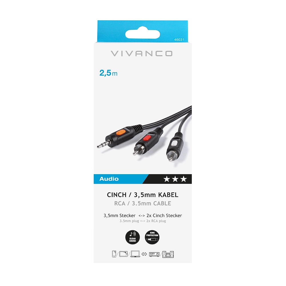 VIVANCO VVAJACK2RCA25MMK - Adapter RCA auf Jack 3.5mm