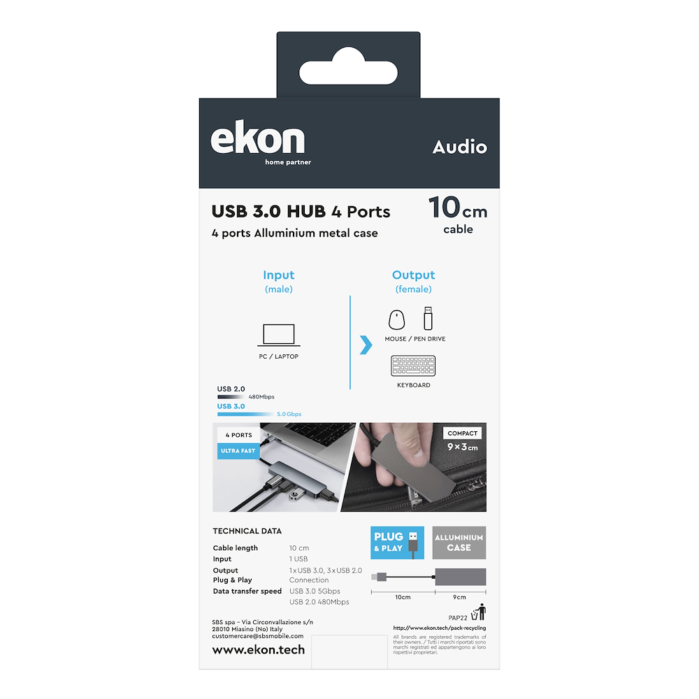 EKON ECITHUB320USBIN - USB Hub 3 in 1 Aluminium