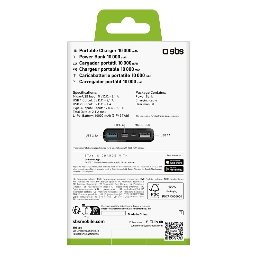 SBS TTBB10000FASTK - Power Bank 10000mAh 2USB