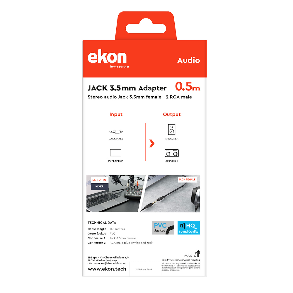 EKON ECAJACK2RCA05MF - Cavo audio 3,5 mm a 2 RCA 50cm