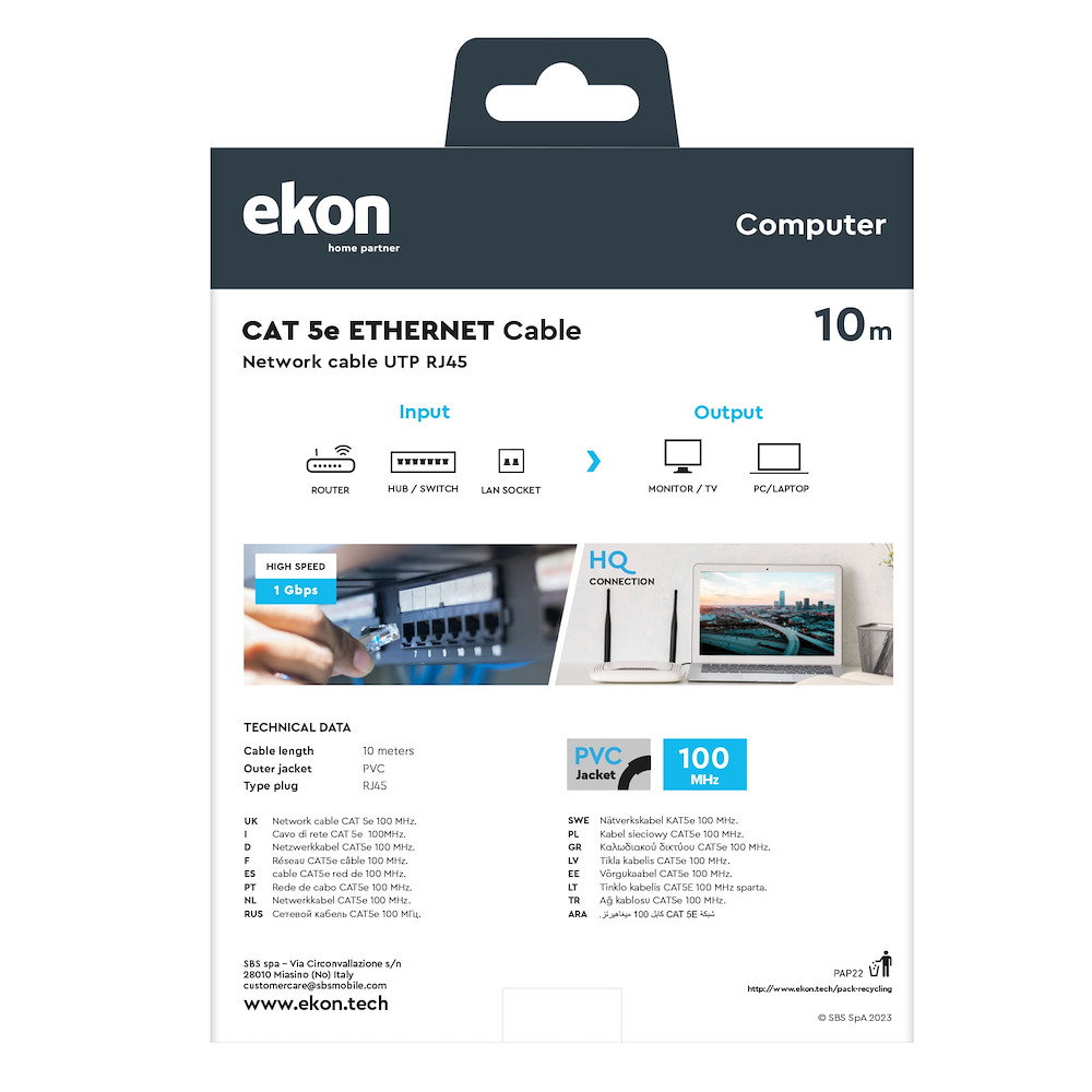 EKON ECITLAN5E100GY - 10 Meter UTP Netzwerkkabel Grau