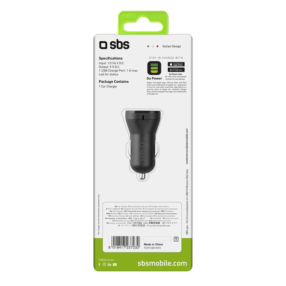 SBS TECRUSB1ASTD - Mini Auto-Ladegerät 1A Schwarz