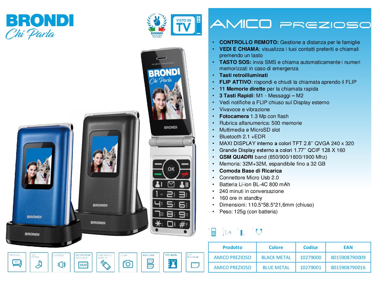 BRONDI AMICOPREZIOSOBLACKMETAL - Telefono senior con tasti grandi