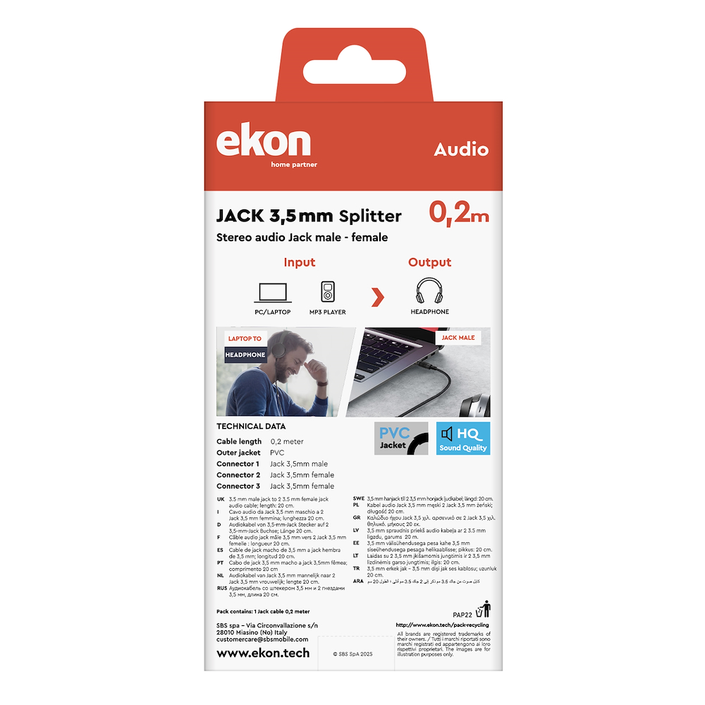 EKON ECAJACKM2FK - Cavo audio Jack 3,5 mm 20 cm