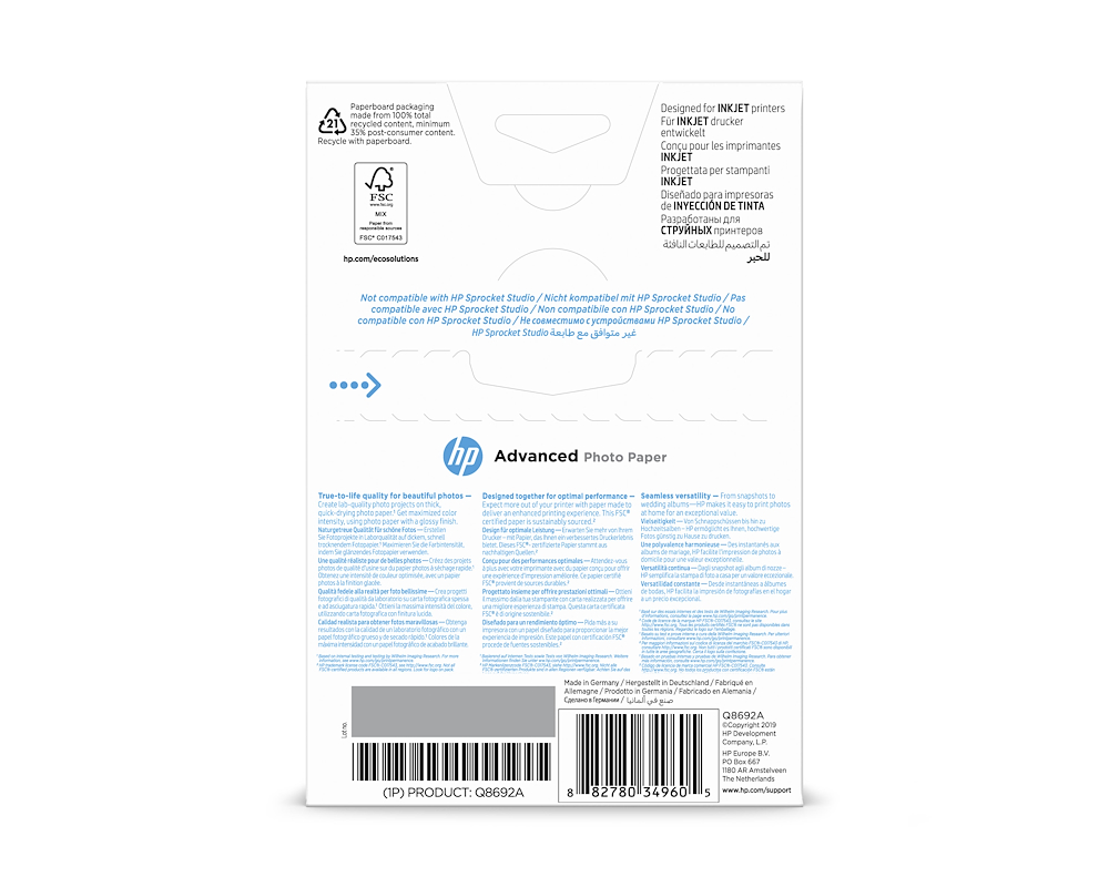 HP Q8692A - Q8692A Q8692A CARTA FOTOGR. ADVANCED PHOTOPAP,LUCIDA10X15 100F