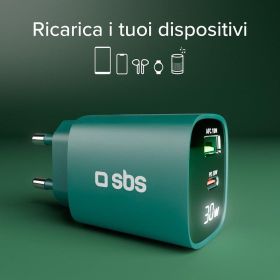 SBS TETRGANLCD1USB1C30G - Caricabatterie da muro LCD 30W