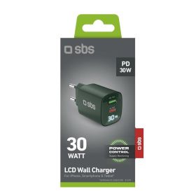 SBS TETRGANLCD1USB1C30G - Caricabatterie da muro LCD 30W